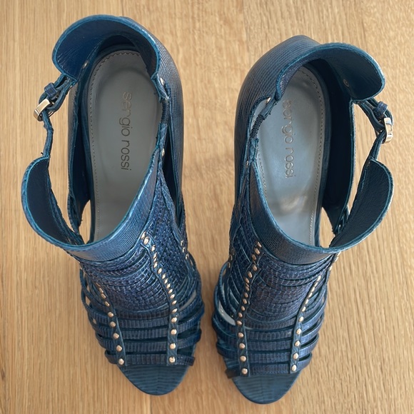 Like New Sergio Rossi Limited Edition Blue Lizard Caged Pumps With Studs Size 38 - Picture 10 of 15